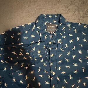 BONOBOS Riviera Shirt Slim Fit Blue Long Sleeve Cockatoo Bird Allover
Print XL